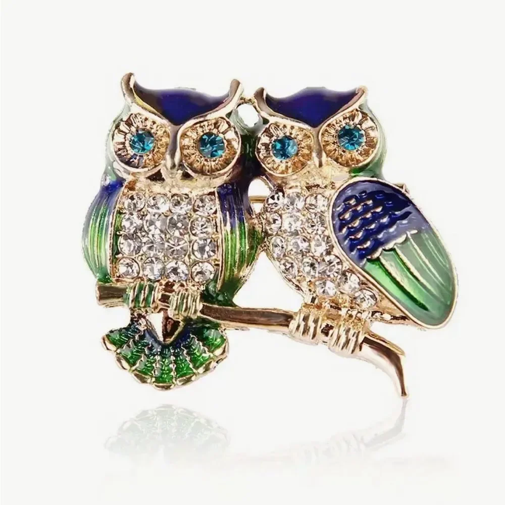 Whimsical Green & Blue Owl Brooch with Crystal Accents